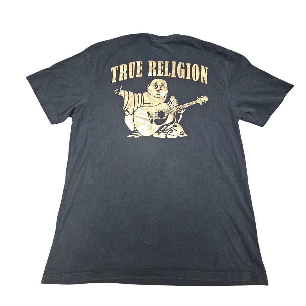 True Religion TShirt Mens Large Black Gold Buddha Guitar Logo‎ Streetwear Y2K